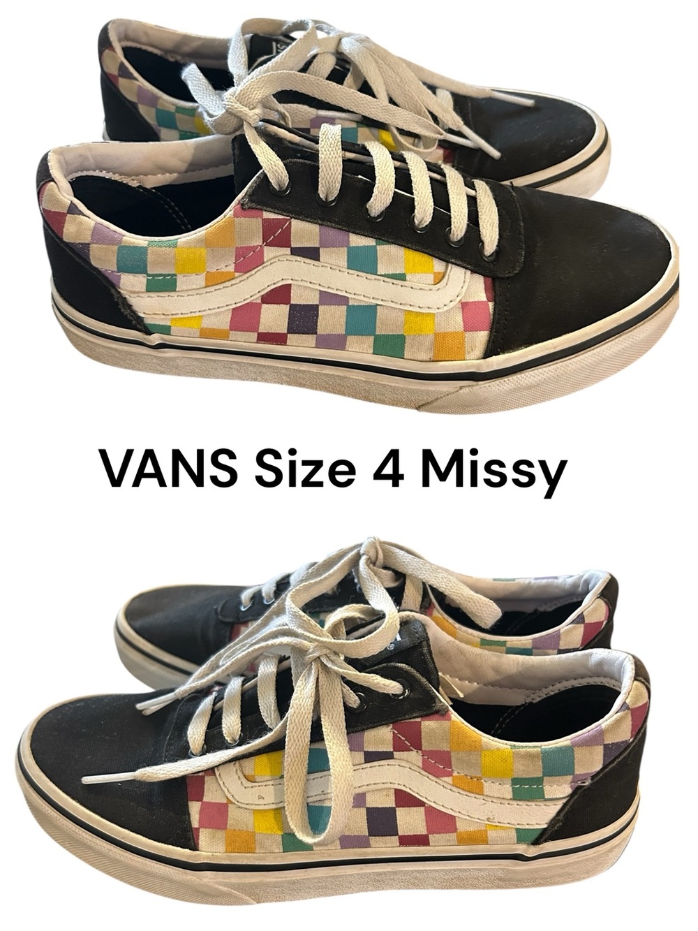 Vans Girl’s Low-Top Checkerboard Sneakers in Black with Multi-Color Squares